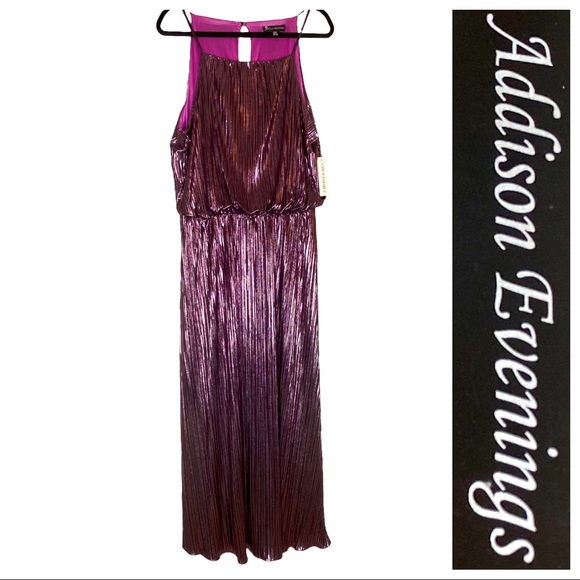 Brand New! Addison Evenings Shiny Purple Long Evening Gown with Foil Look Sz 16W - Picture 1 of 6